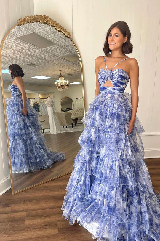 A-line cut shoulder strap flower printed sheer layered ball dress