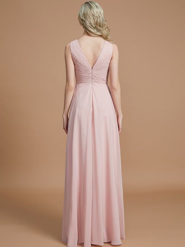 Princess V-neck Sleeveless Pleated Floor Chiffon Elegant Pink Bridesmaid Dress