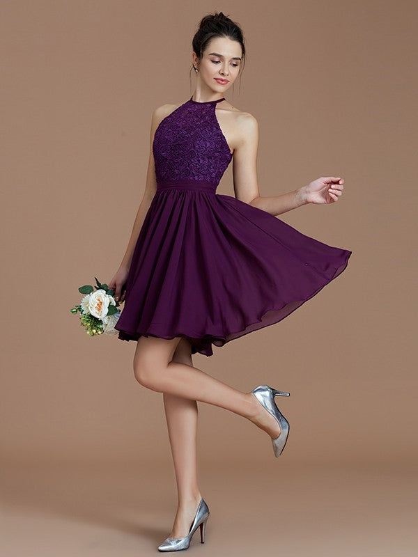 Elegant princess style backless sleeveless lace short mini chiffon bridesmaid dress