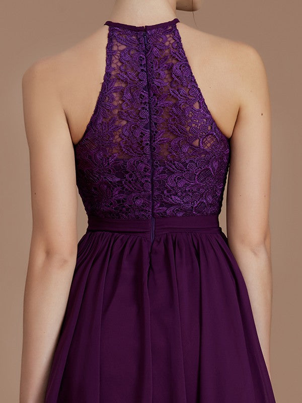Elegant princess style backless sleeveless lace short mini chiffon bridesmaid dress