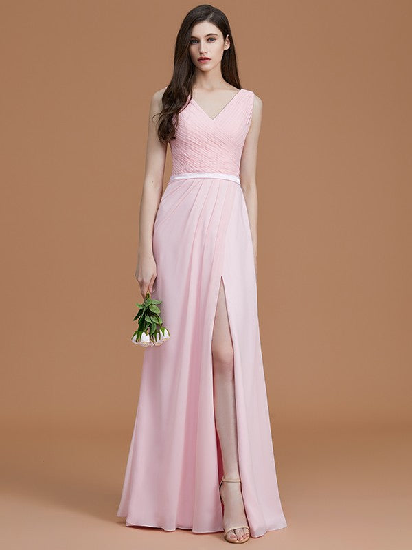 Princess V-neck sleeveless shoulder strap and ground pleated chiffon bridesmaid dress