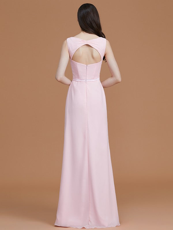 Princess V-neck sleeveless shoulder strap and ground pleated chiffon bridesmaid dress
