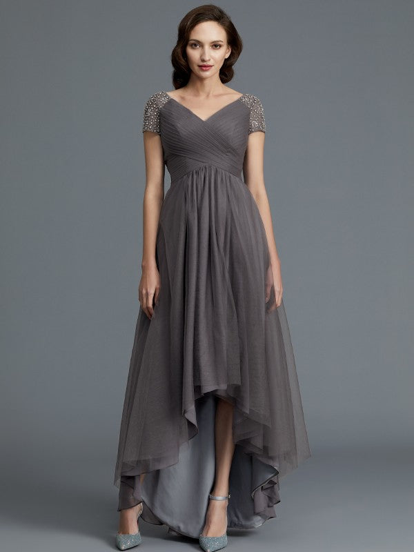 A-line Princess V-neck Short sleeved Asymmetric sheer High Color Bride Mother Dress