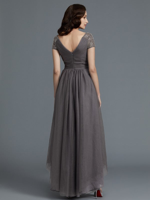 A-line Princess V-neck Short sleeved Asymmetric sheer High Color Bride Mother Dress