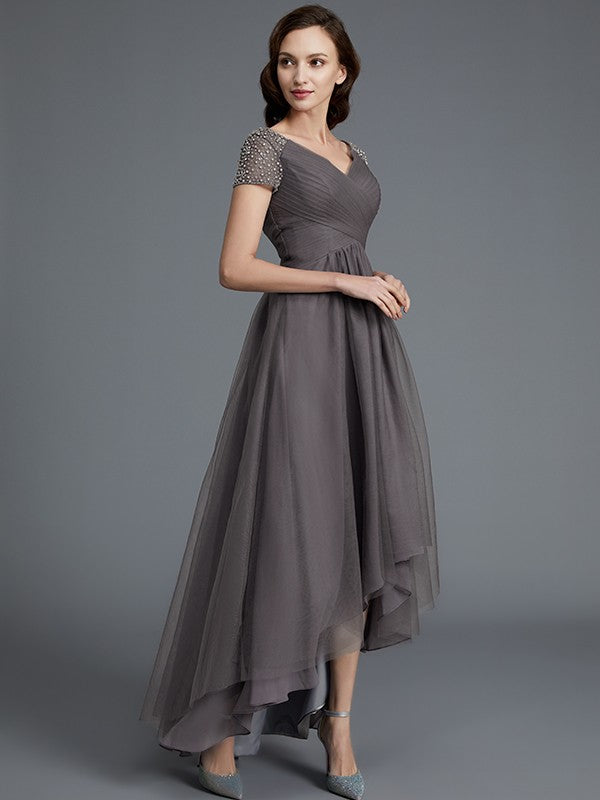 A-line Princess V-neck Short sleeved Asymmetric sheer High Color Bride Mother Dress
