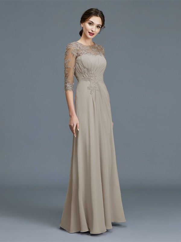 Princess style curved three quarter sleeved chiffon ruffled hem and floor length bridal mother dress
