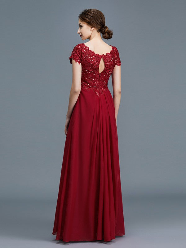 Princess style V-neck short sleeved ruffled chiffon ground bride mother wedding dress