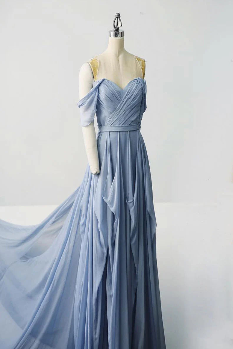 Simple chiffon gray blue long prom dress gray blue prom dress