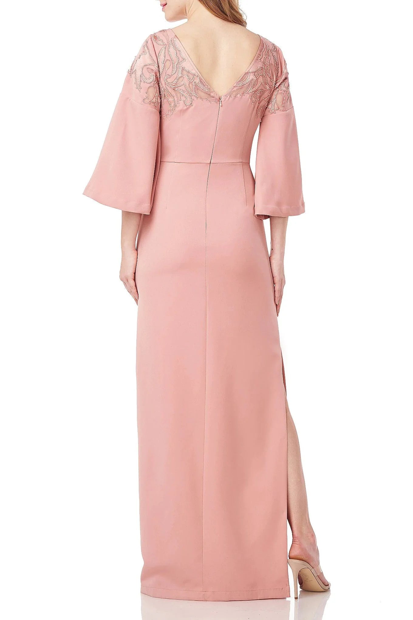 Embellished Boat Neck 3/4 Flare Sleeve Zipper Back Slit Side Solid Stretch Crepe Mother of the Bride Dresses