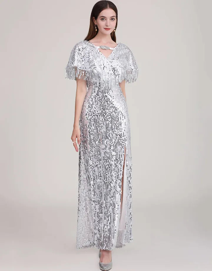 High end silver V-neck tassel glitter long slit ball dress