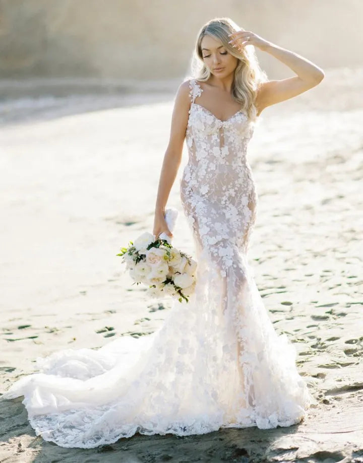 Sweet mermaid sexy V-neck sheer wedding dress