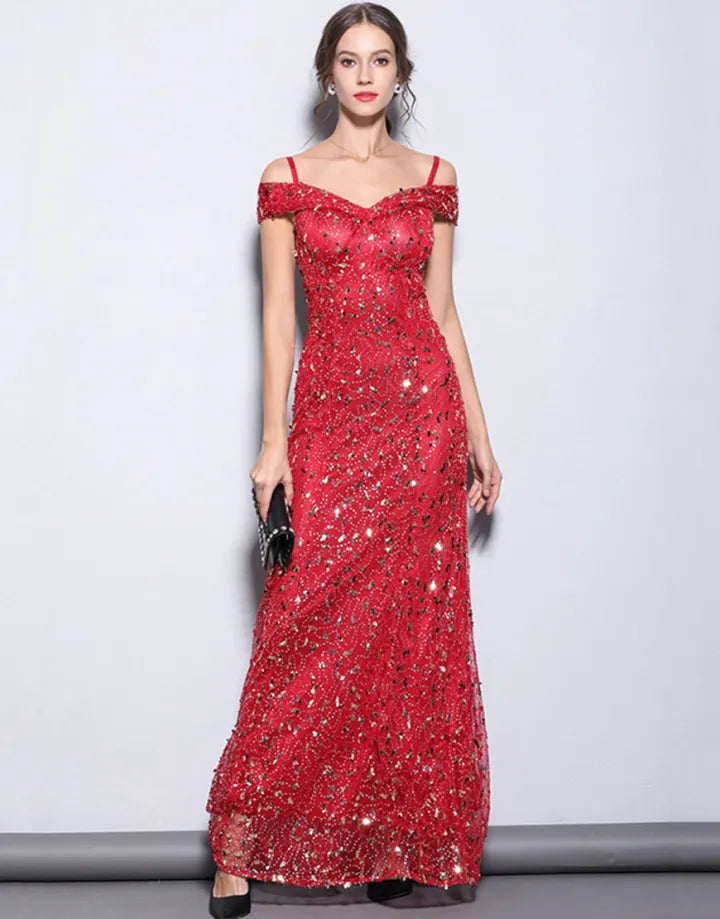 Red long slim fit mermaid off shoulder sequin ball dress