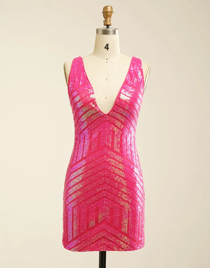 Sexy slim fit V-neck sequin mesh sleeveless return to school short dress