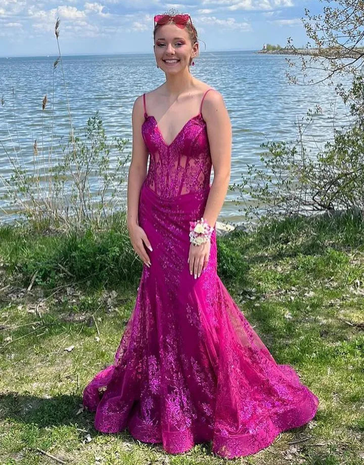 Sexy and elegant V-neck decal mesh long ball dress