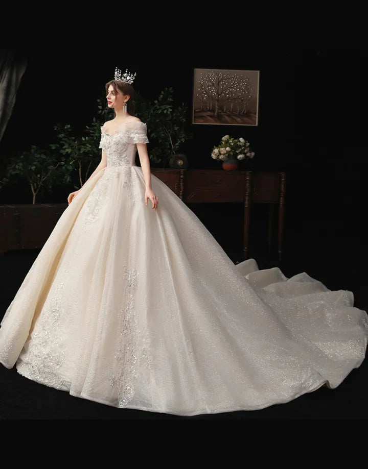 A-line sexy off shoulder sequin beaded wedding dress