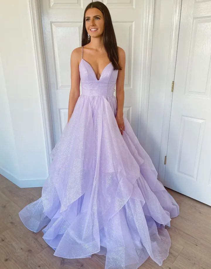 A-line Elegant Italian Noodle Strap with Ruffle Edge Thin Gauze Long Ball Dress