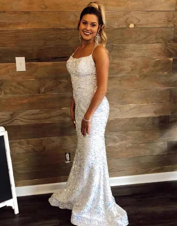 Elegant slim fit mermaid sequin strap long evening dress ball dress