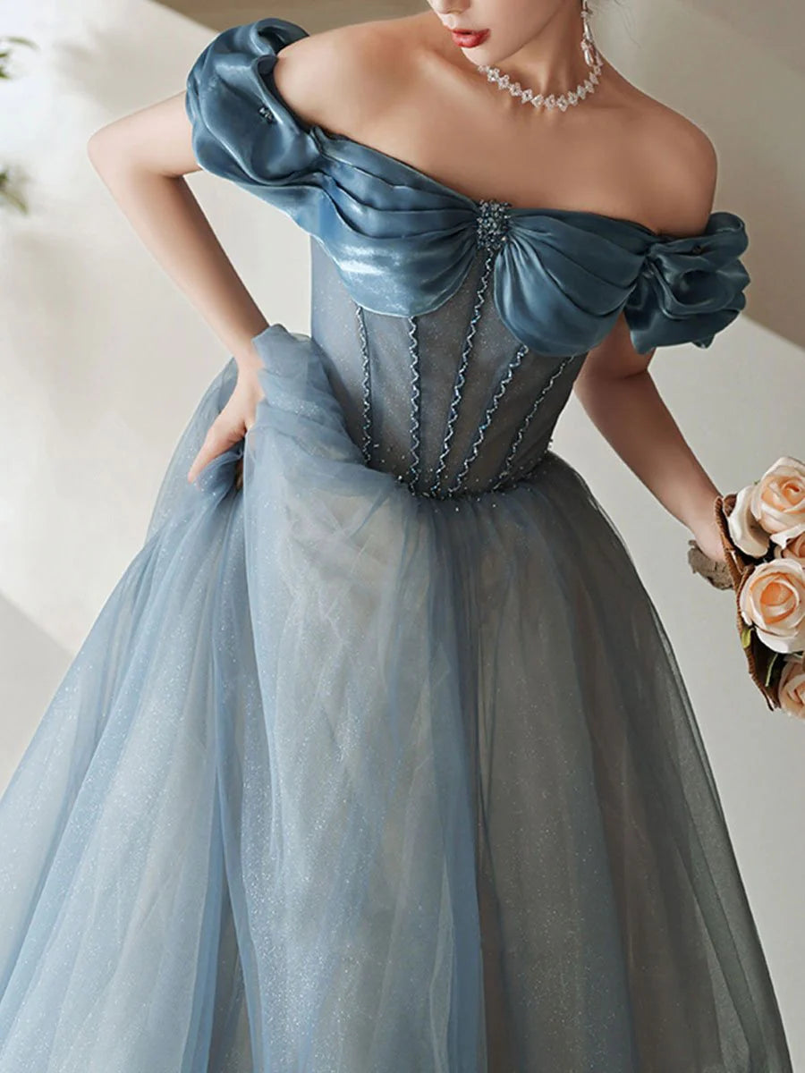Blue Off Shoulder Satin Long Prom Dress Blue Satin Evening Dresses