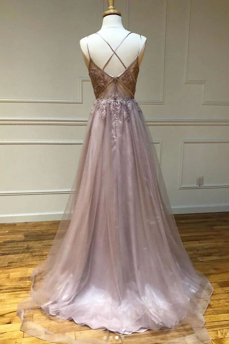 Pink v neck tulle lace long prom dress pink lace prom dress