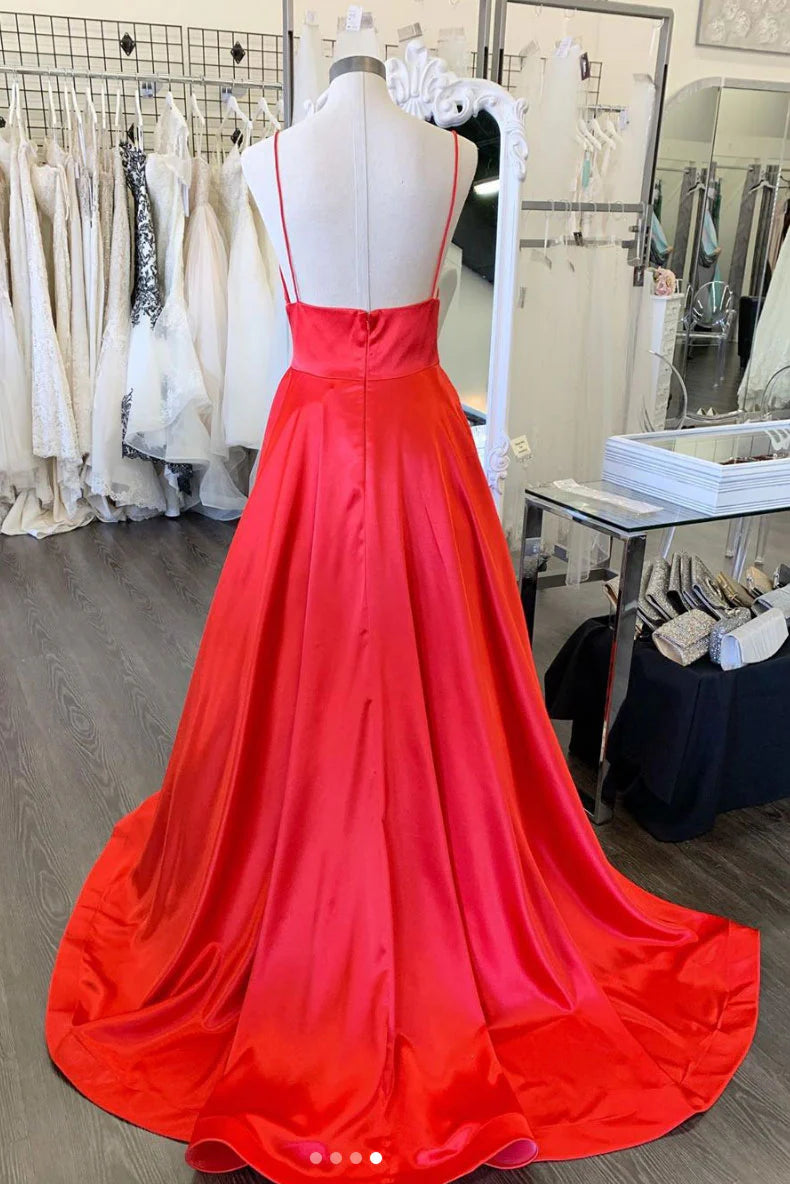 Red V Neck Satin Long Prom Dress Red Long Formal Evening Dress