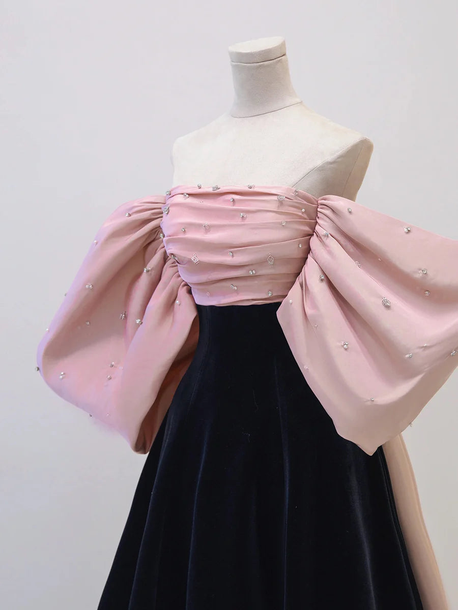 Black/pink Velvet Long Prom Dress Black Long Formal Evening Dress