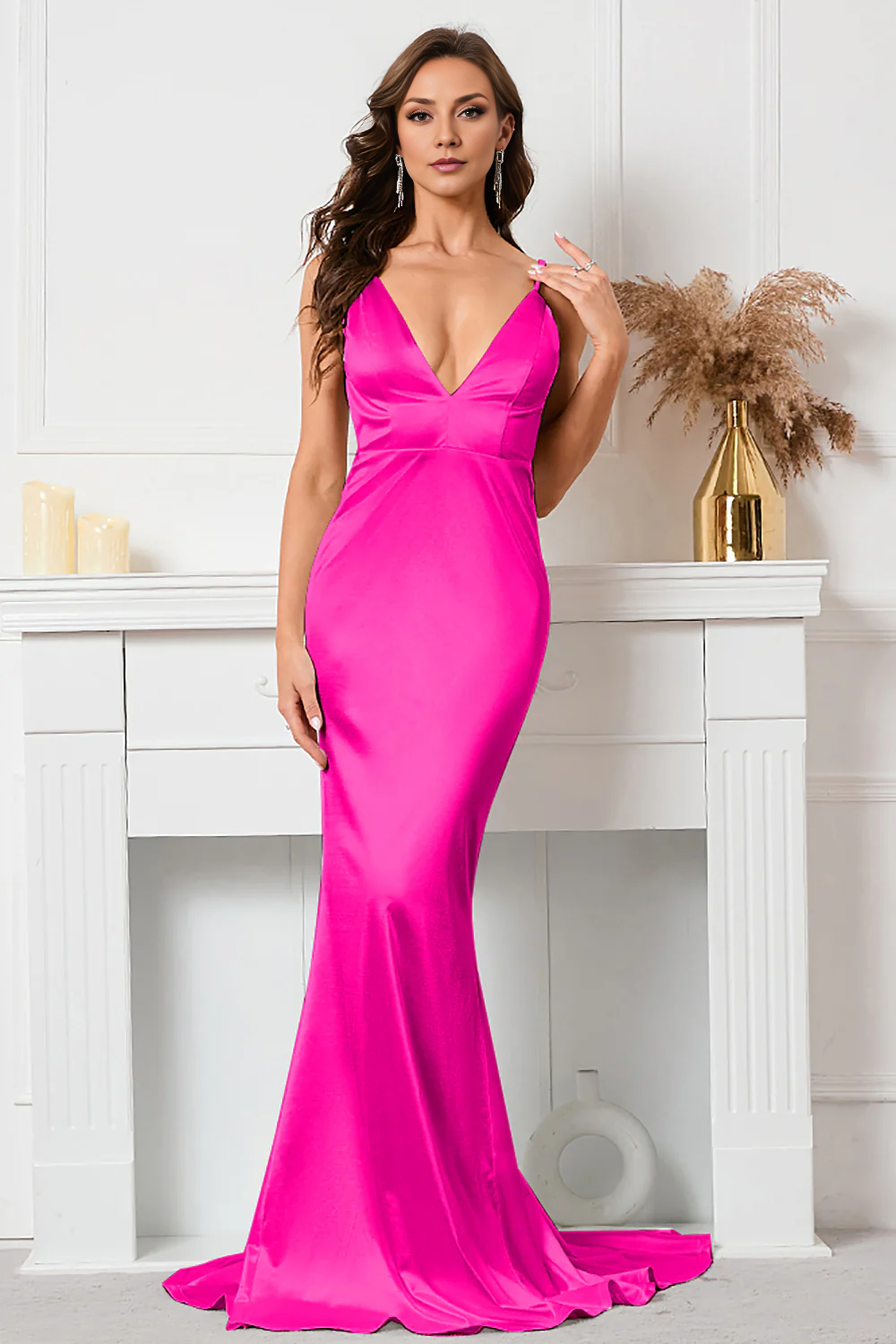 OKBBN Elegant Mermaid V-neck Thin Strap Evening Dress