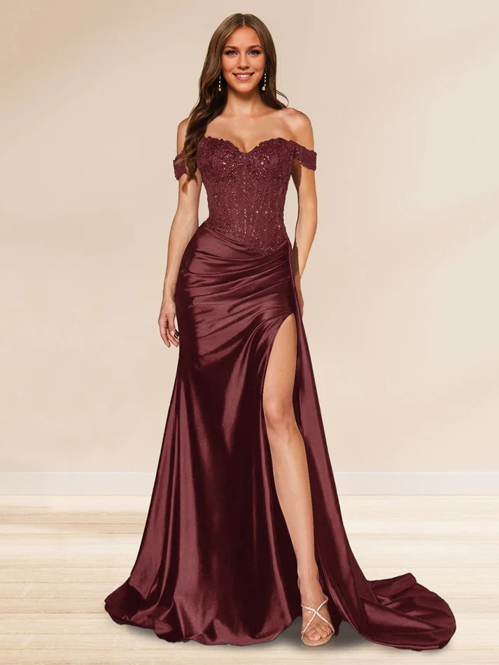 OKBBN mermaid off shoulder trailing sequin side slit evening gown