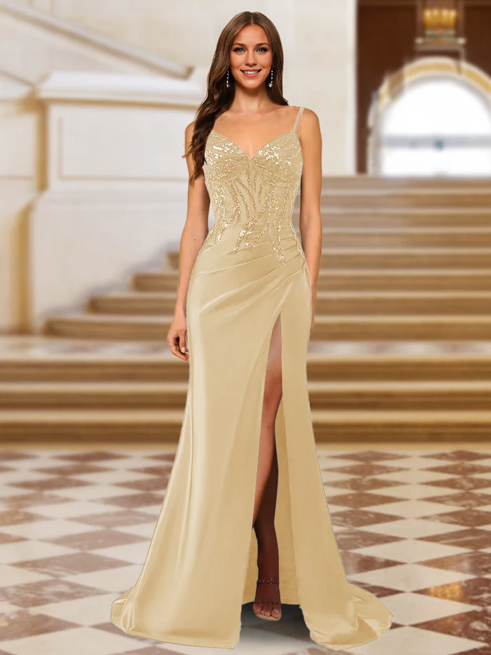 OKBBN shiny trumpet shaped mermaid slim shoulder strap long evening gown