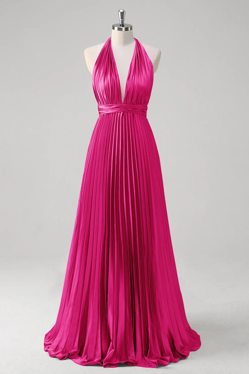 OKBBN satin A-line hanging neck pleated backless long evening gown