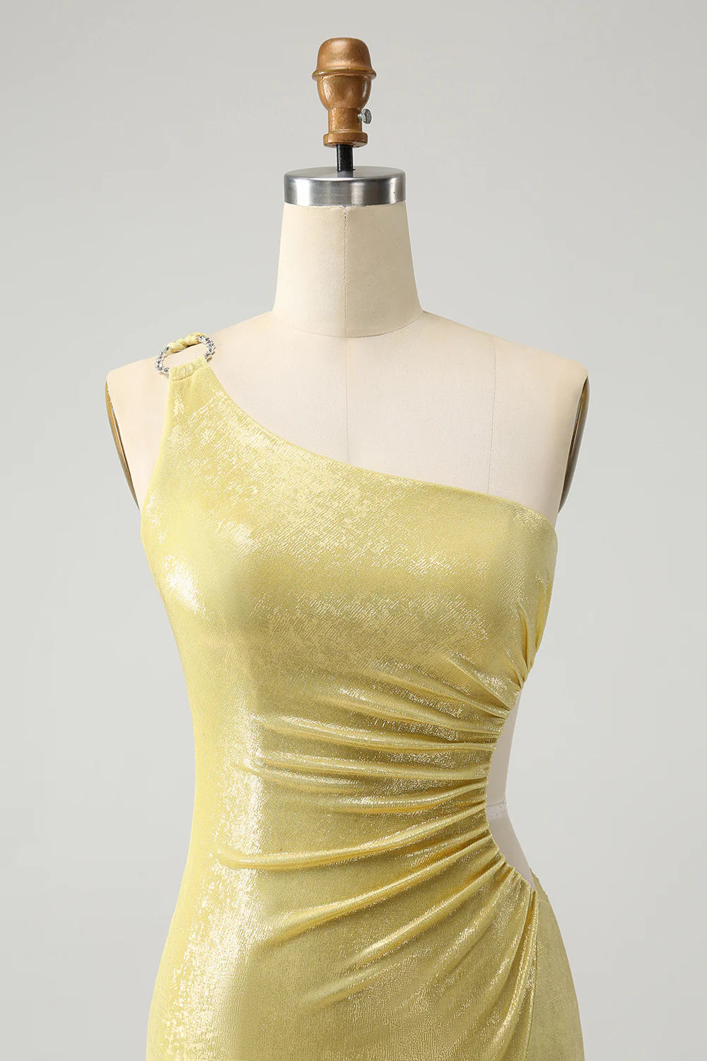 Yellow Bodycon One Shoulder Hollow Out Pleated Metallic Homecoming Dress