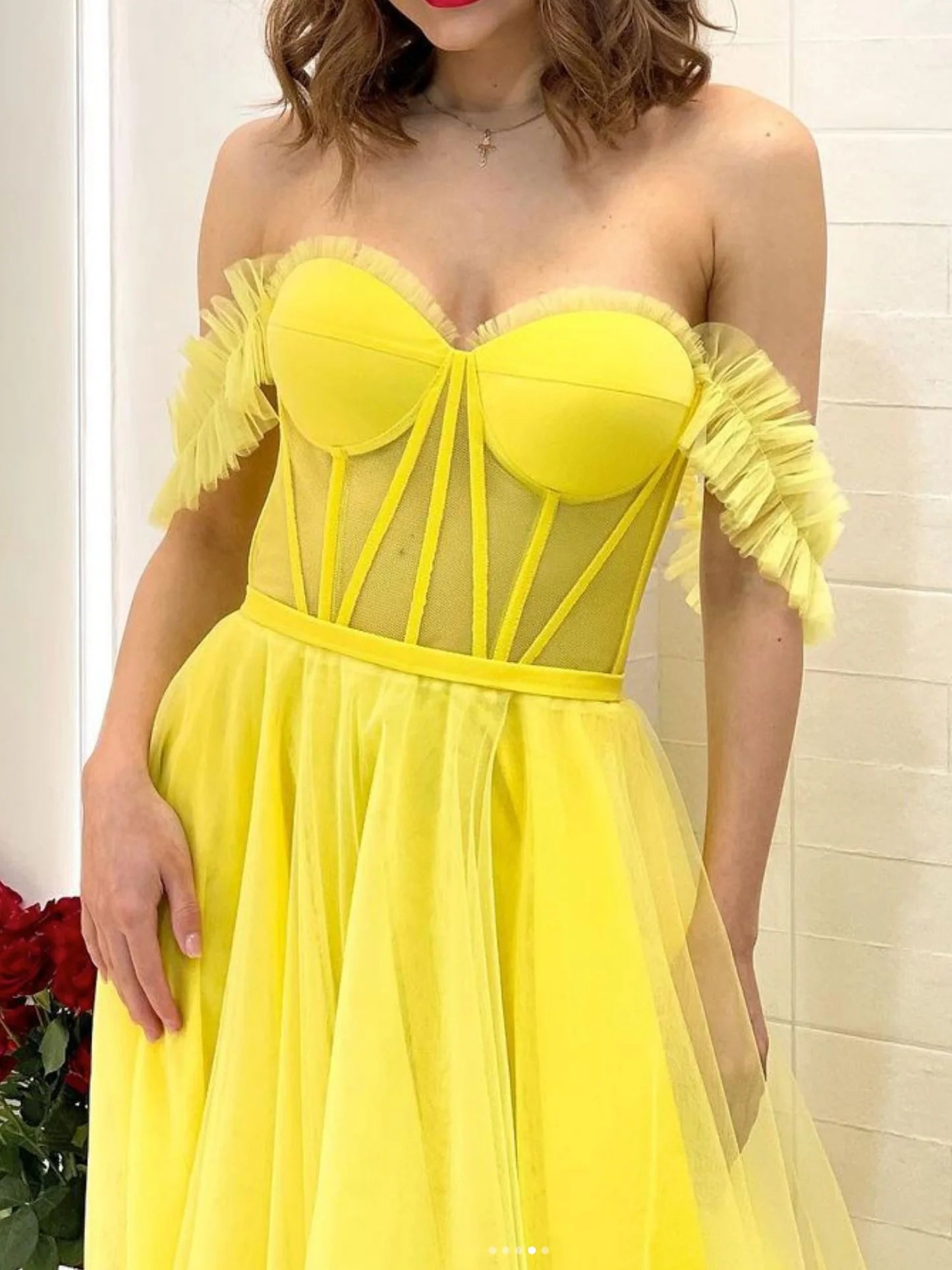 Yellow off shoulder tulle long prom dress yellow tulle prom dress