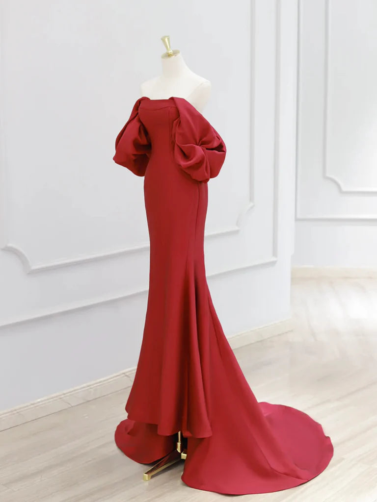 Off Shoulder Satin Dark Red Mermaid Long Prom Dress