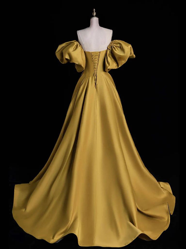 Yellow A-line Satin Long Evening Dress Yellow Long Evening Dress
