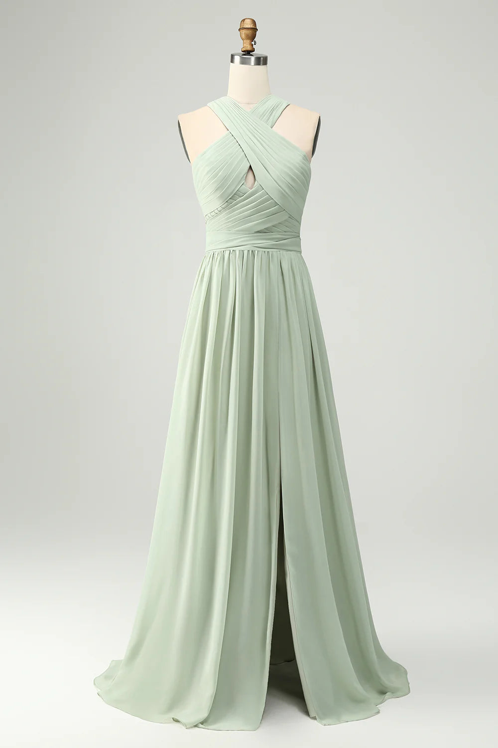 A Line Halter Pleated Long Maternity Bridesmaid Dress with Slit