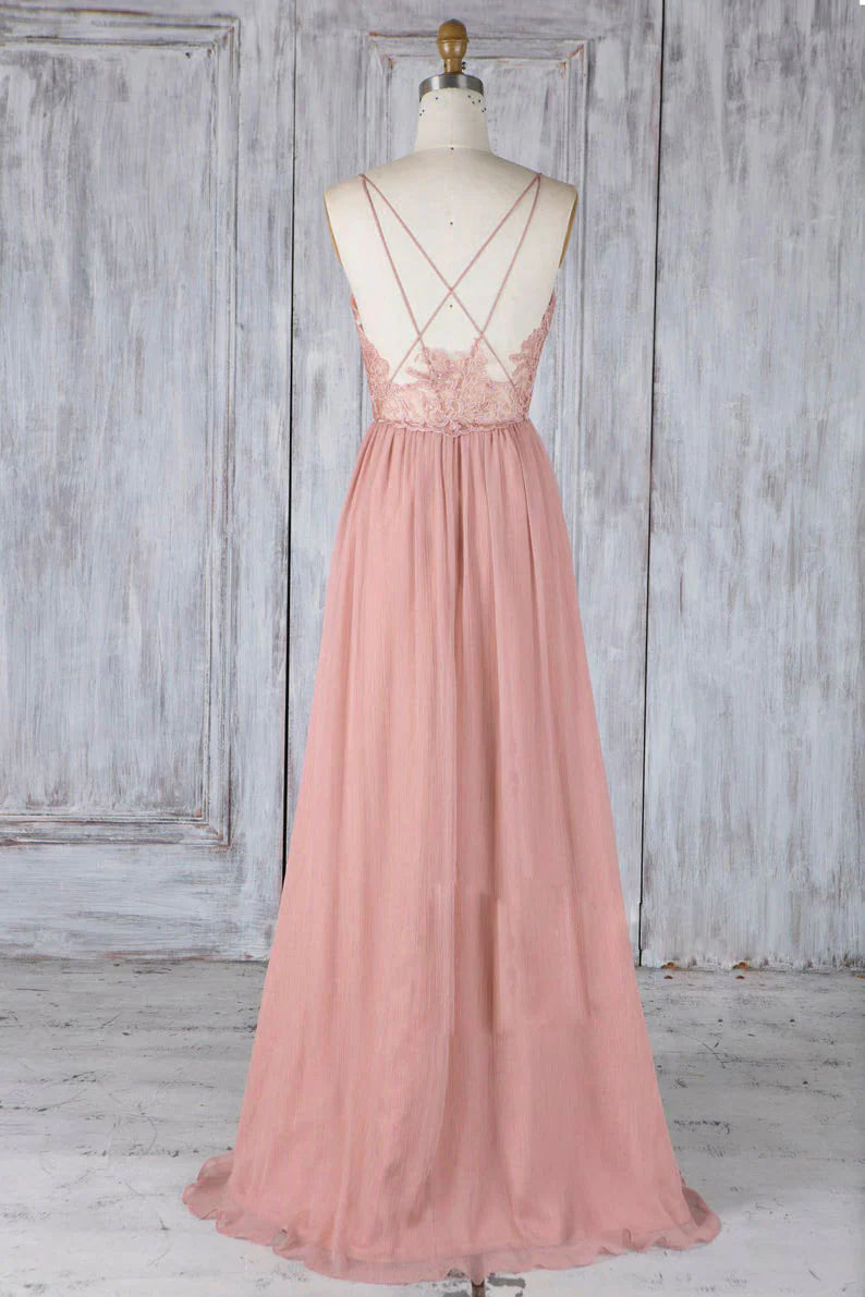 Pink chiffon lace long prom dress pink lace prom dress
