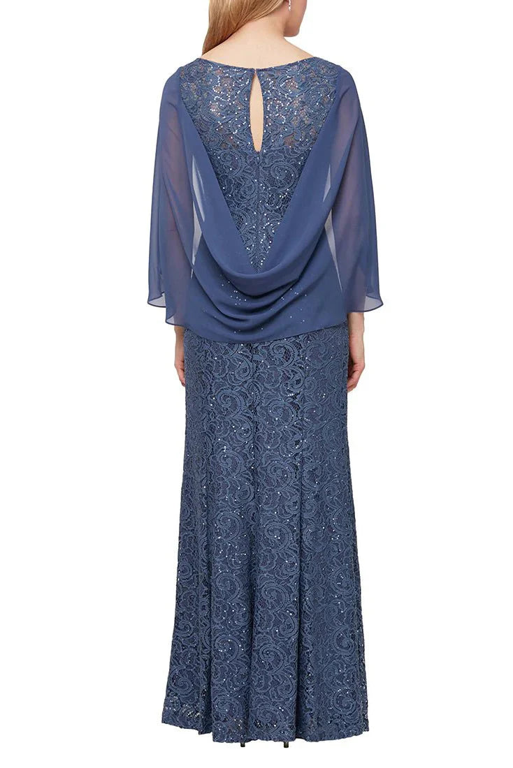 V-neck attached chiffon cape with draped back lace gown Mother of the Bride Dresses
