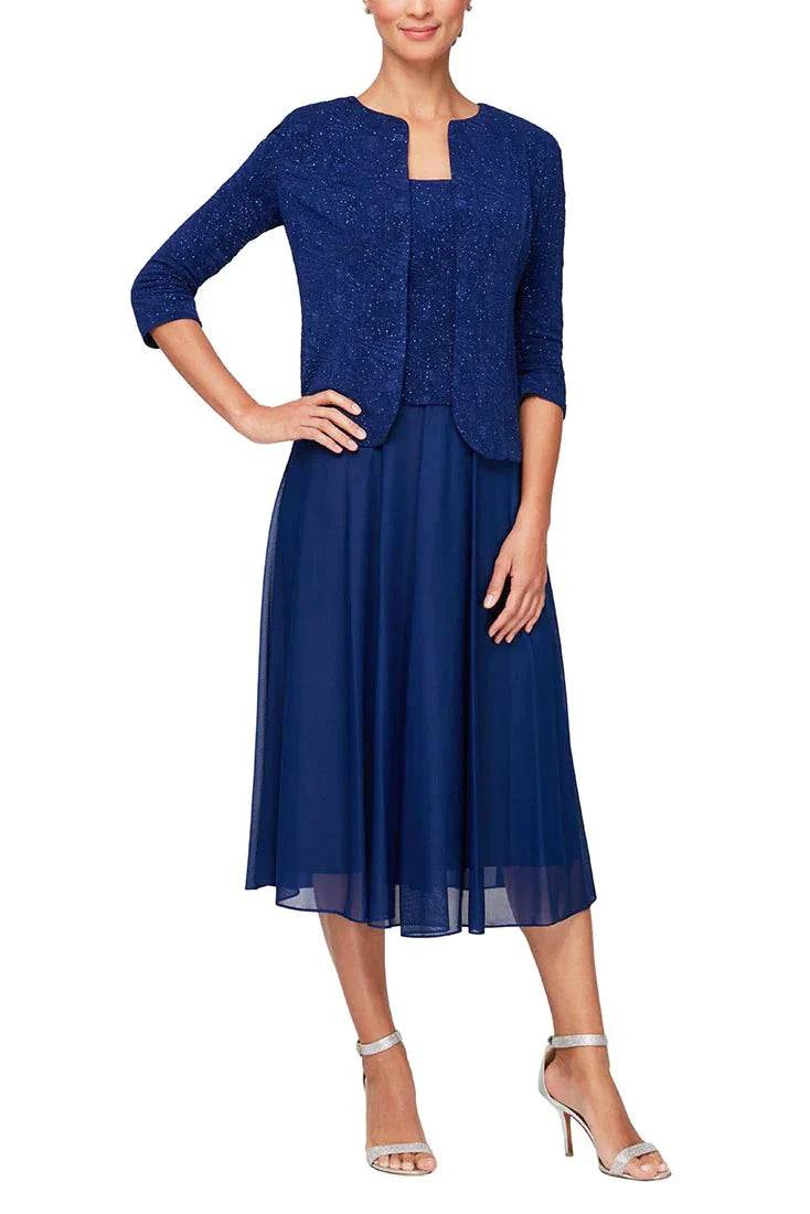 Square neck sleeveless zipper back jacquard bodice dress with matching 3/4 sleeve open front jacket