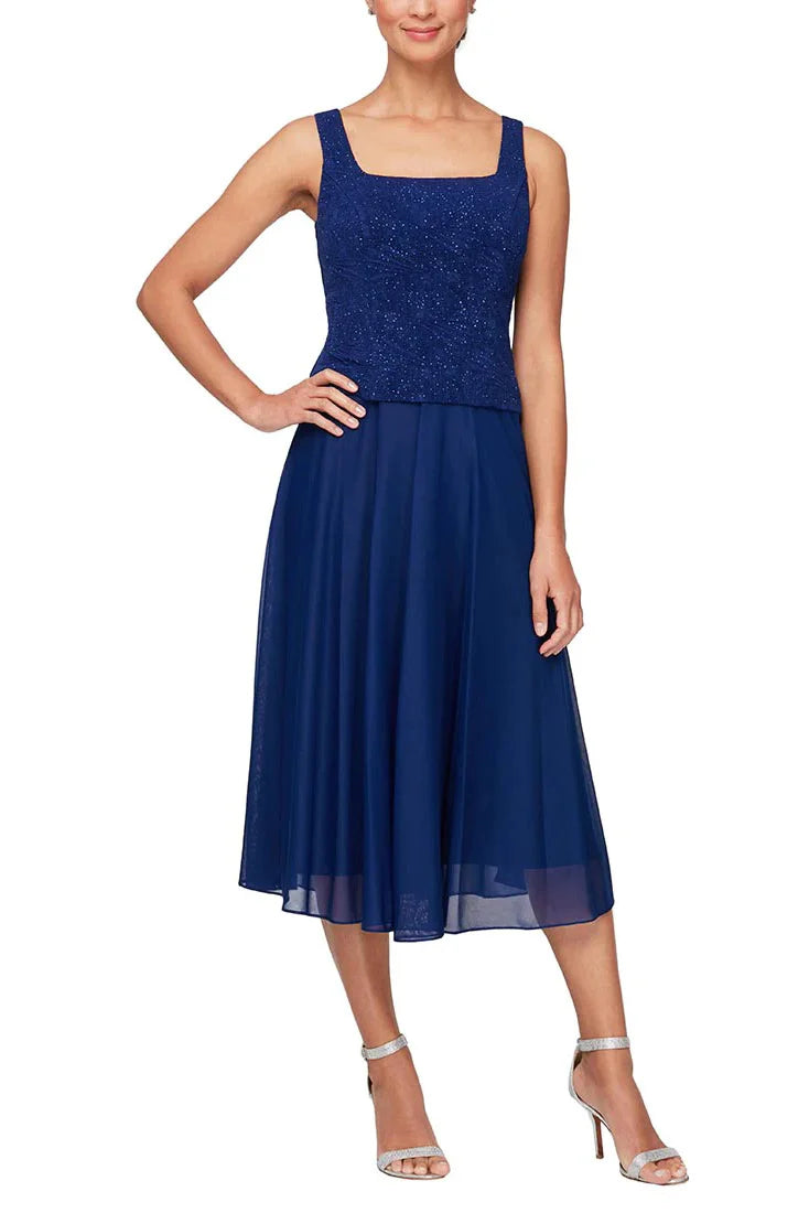 Square neck sleeveless zipper back jacquard bodice dress with matching 3/4 sleeve open front jacket