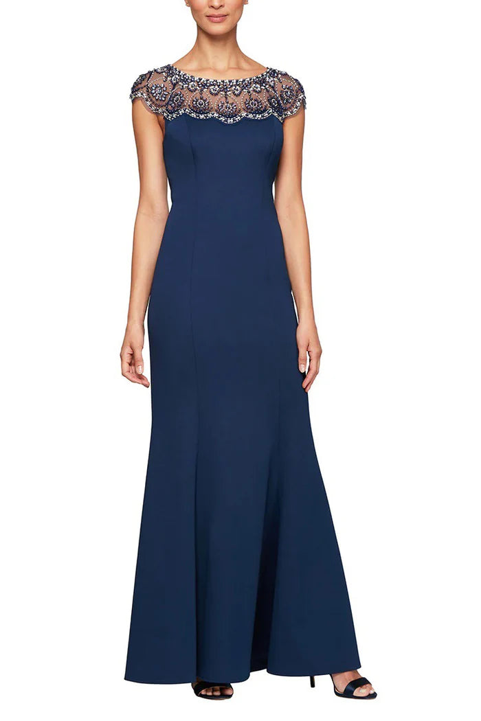 Embellished boat neck cap sleeve zipper back stretch crepe mermaid gown