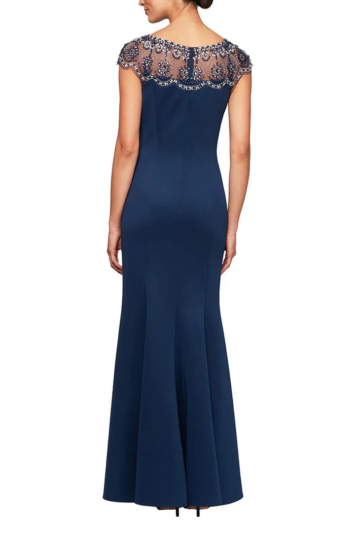 Embellished boat neck cap sleeve zipper back stretch crepe mermaid gown