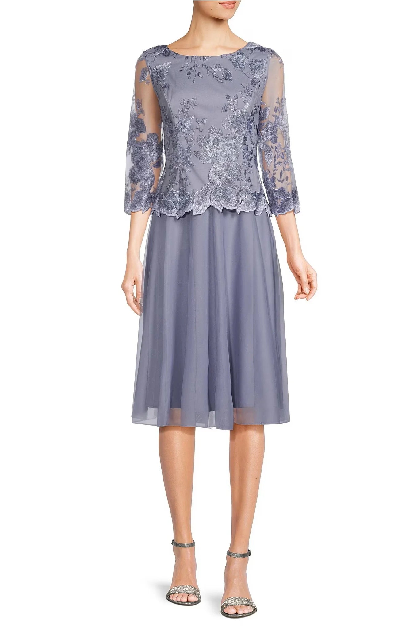 Alex Evenings boat neck 3/4 sleeve floral embroidered bodice stretch mesh dress