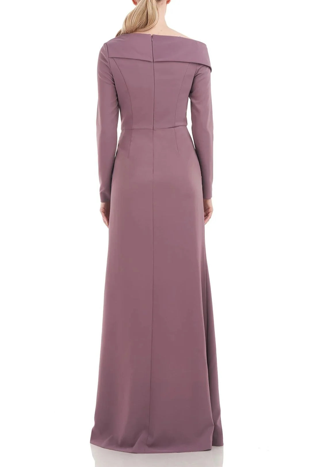 Kay Unger Asymmetrical Draped Neckline Long Sleeve Bodycon Zipper Back Stretch Crepe Dress
