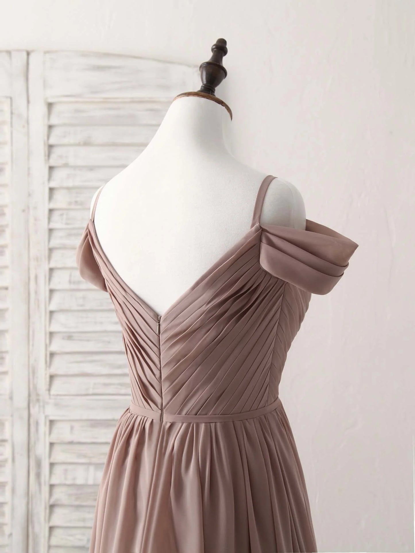 V Neck Dark Champagne Chiffon Long Prom Dress Bridesmaid Dress