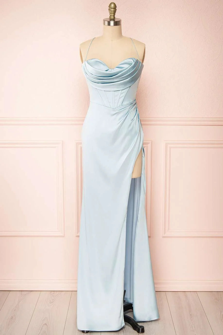 Yellow Cowl Neck Lace-Up Back Long Formal Prom Dress with Slit