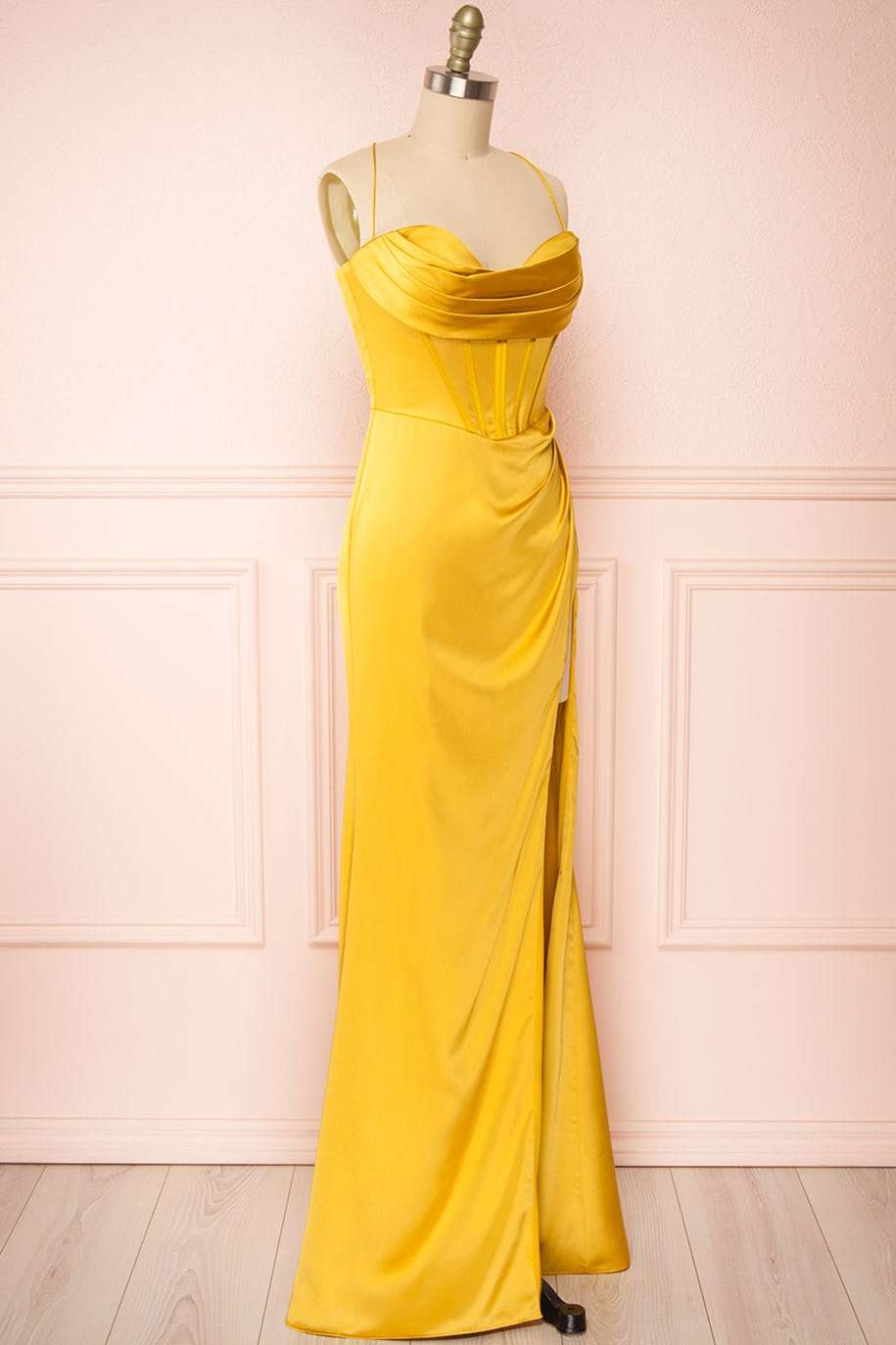 Yellow Cowl Neck Lace-Up Back Long Formal Prom Dress with Slit