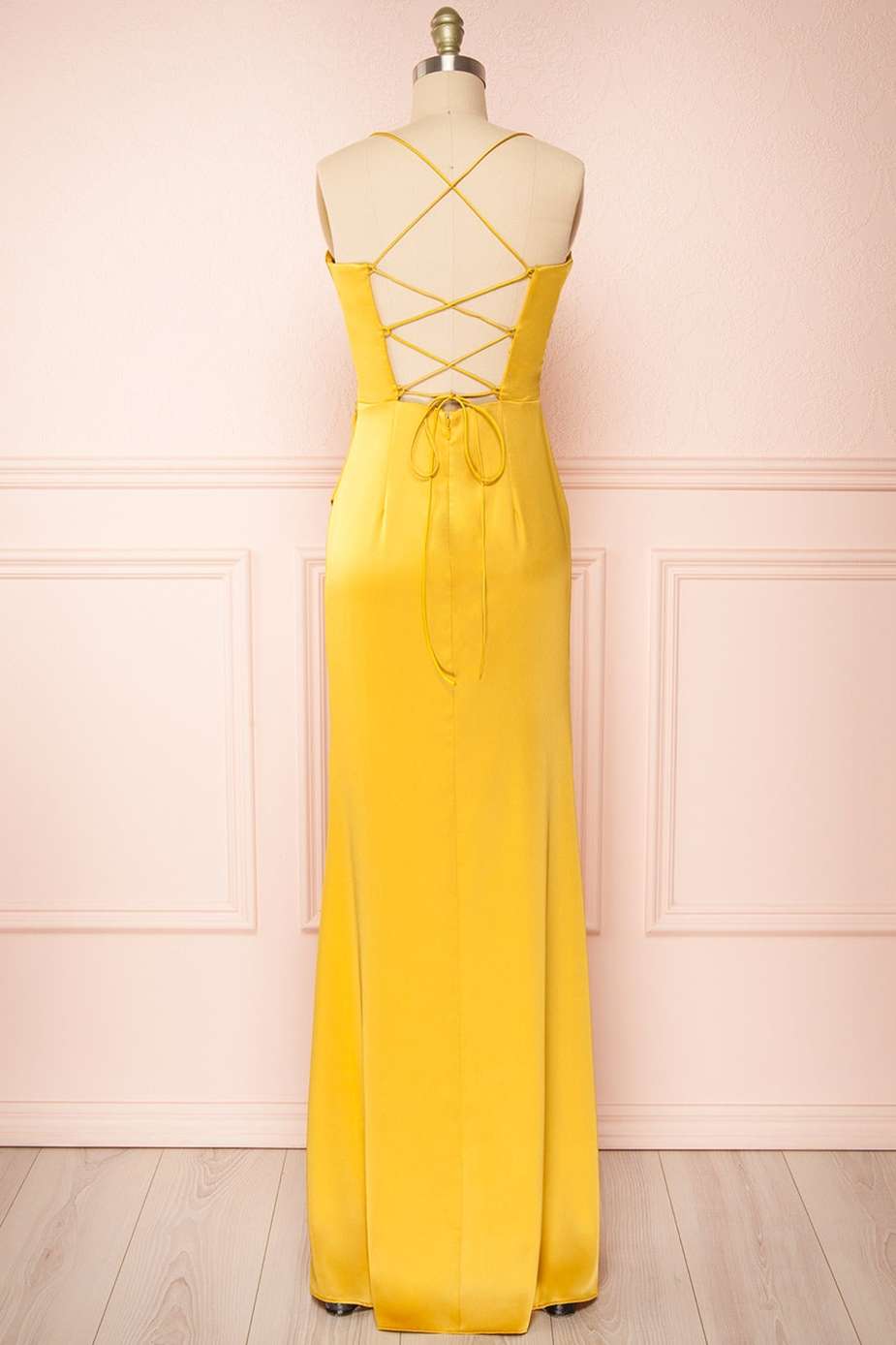 Yellow Cowl Neck Lace-Up Back Long Formal Prom Dress with Slit