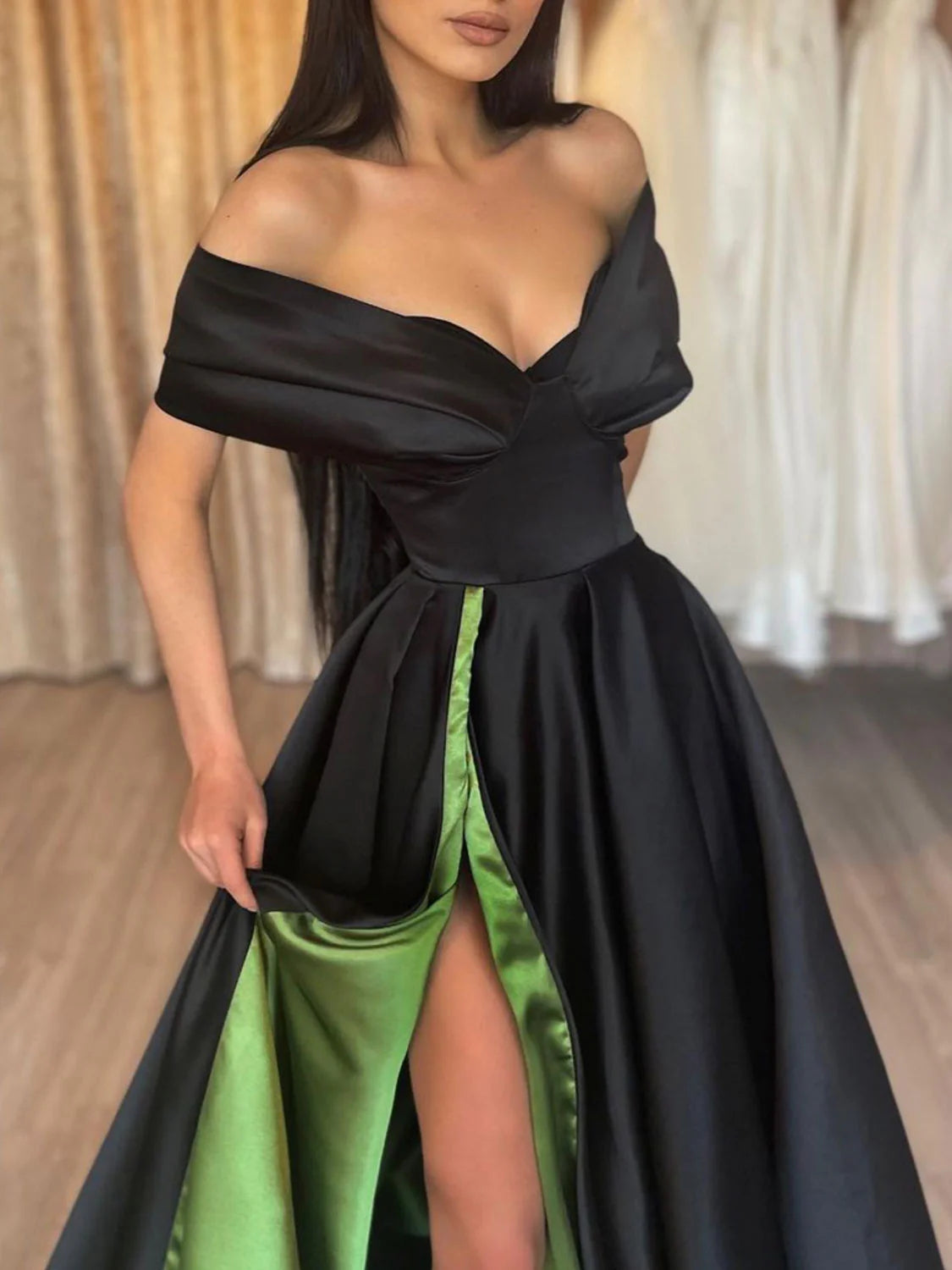 Simple Black Satin Off Shoulder Long Prom Dress Black Evening Dress