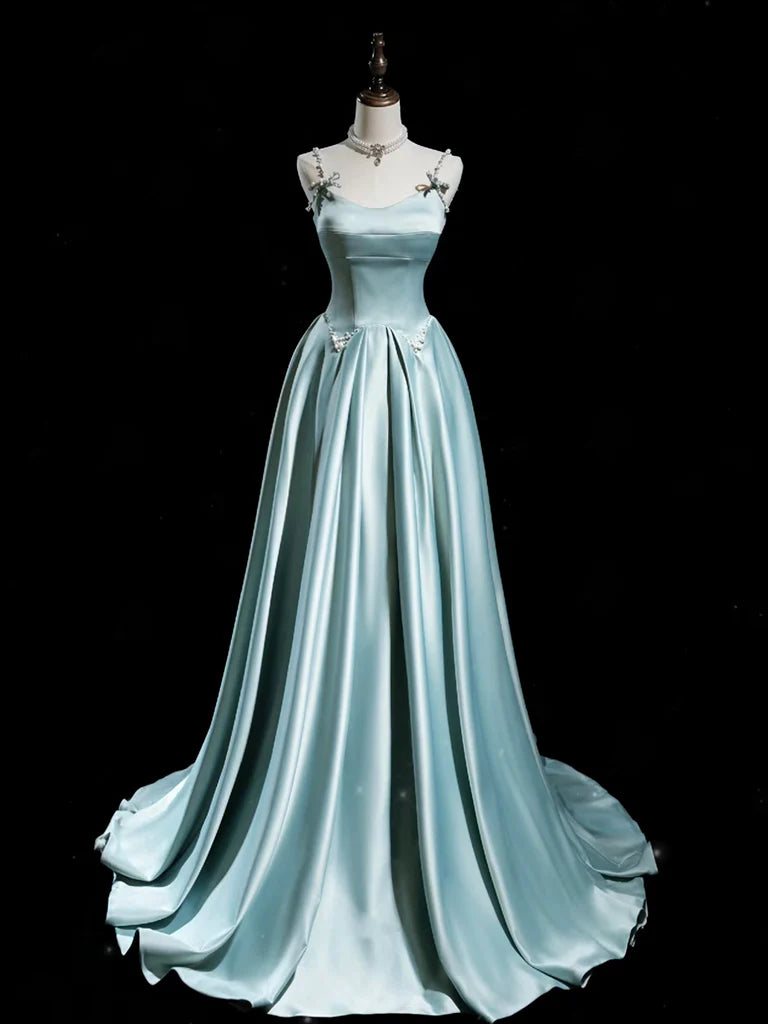 A-Line Blue Satin Long Evening Dress Blue Long Formal Dress