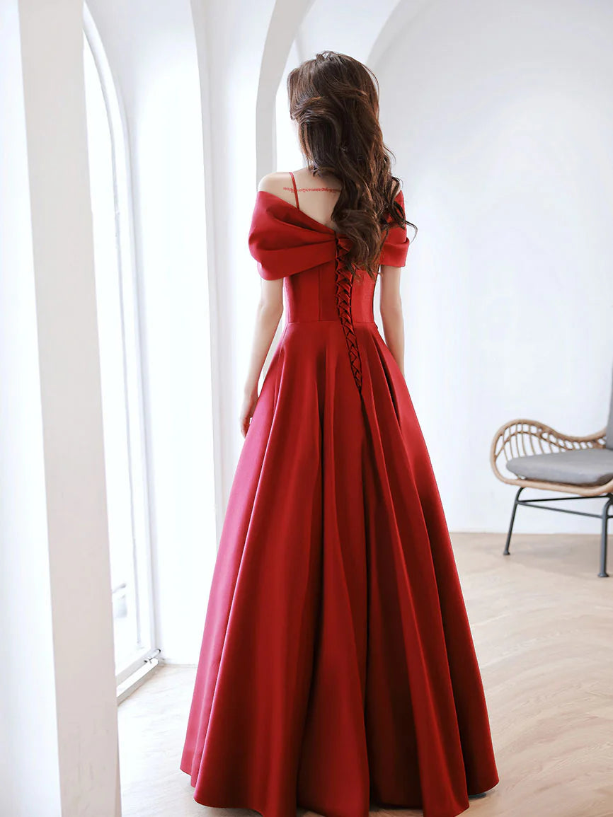 Burgundy Off Shoulder Satin Long Prom Dress Burgundy Evening Dress