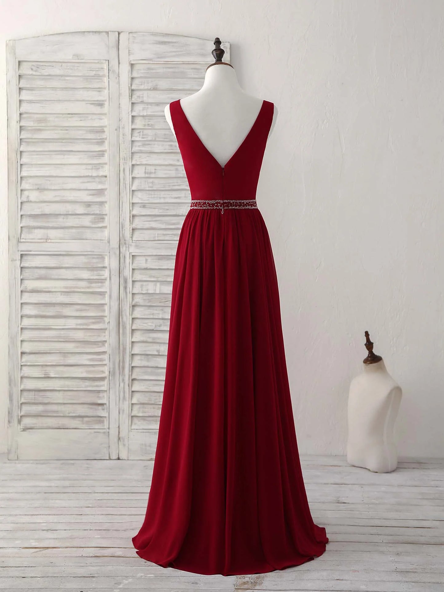 V Neck Beads Long Prom Dress Burgundy Evening Dress